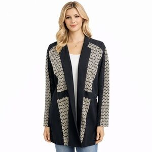 Chicos Black Open Cardigan Jacket Silver Gold Knit Accent Topper Elegant Size XL
